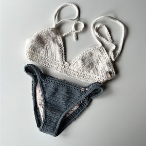 She Made Me White Blue Crochet Bikini Top + Bottom Set Sz. Medium Large